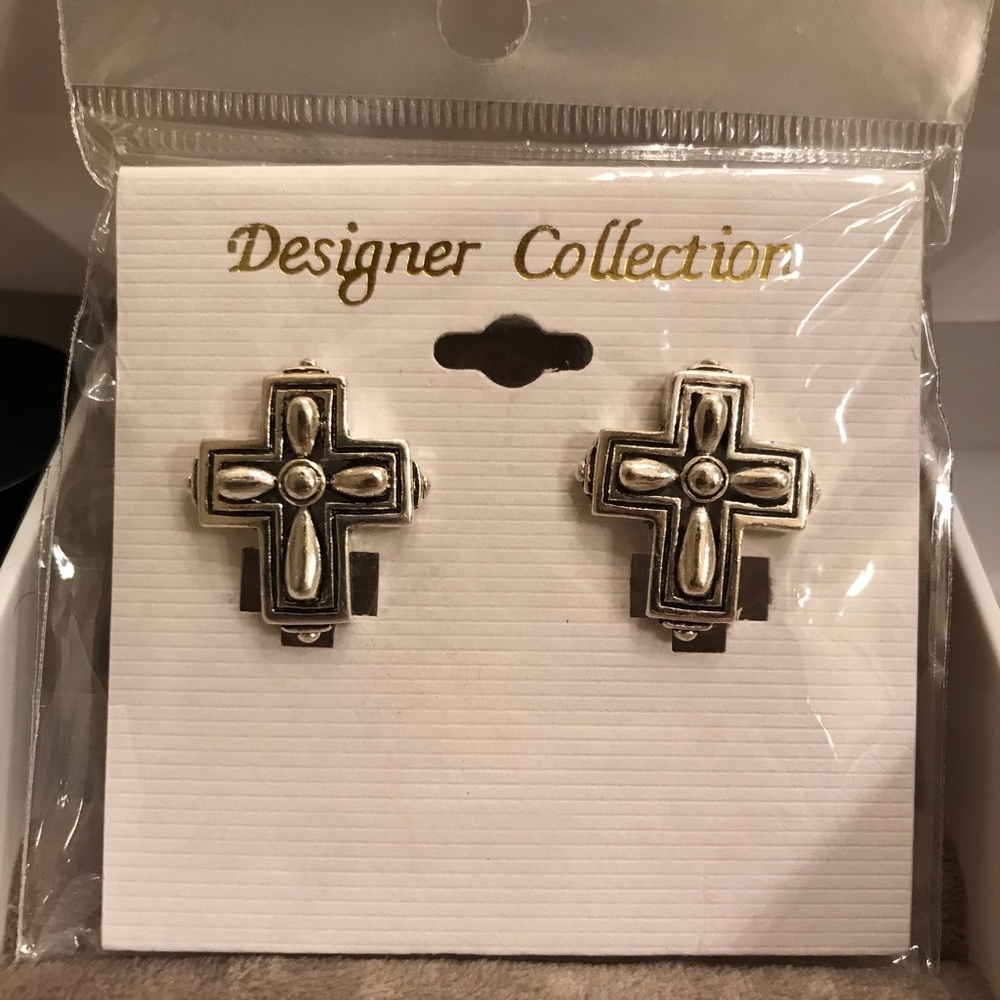 New, sealed silver cross earrings